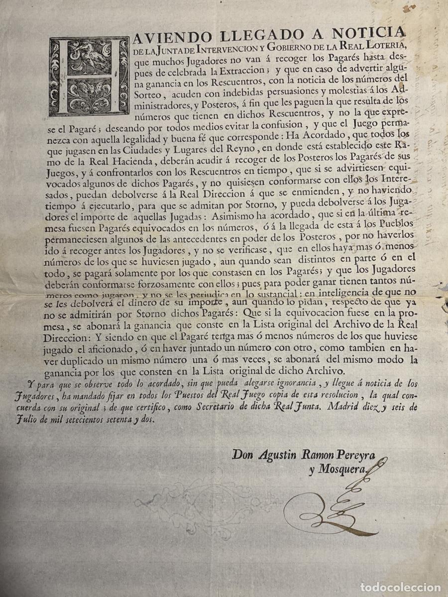Otros art&iacute;culos de coleccionismo en papel: (1772. Bando Loter&iacute;a) Haviendo llegado a noticia de la Junta de Intervenci&oacute;n y Gobierno de la Real L