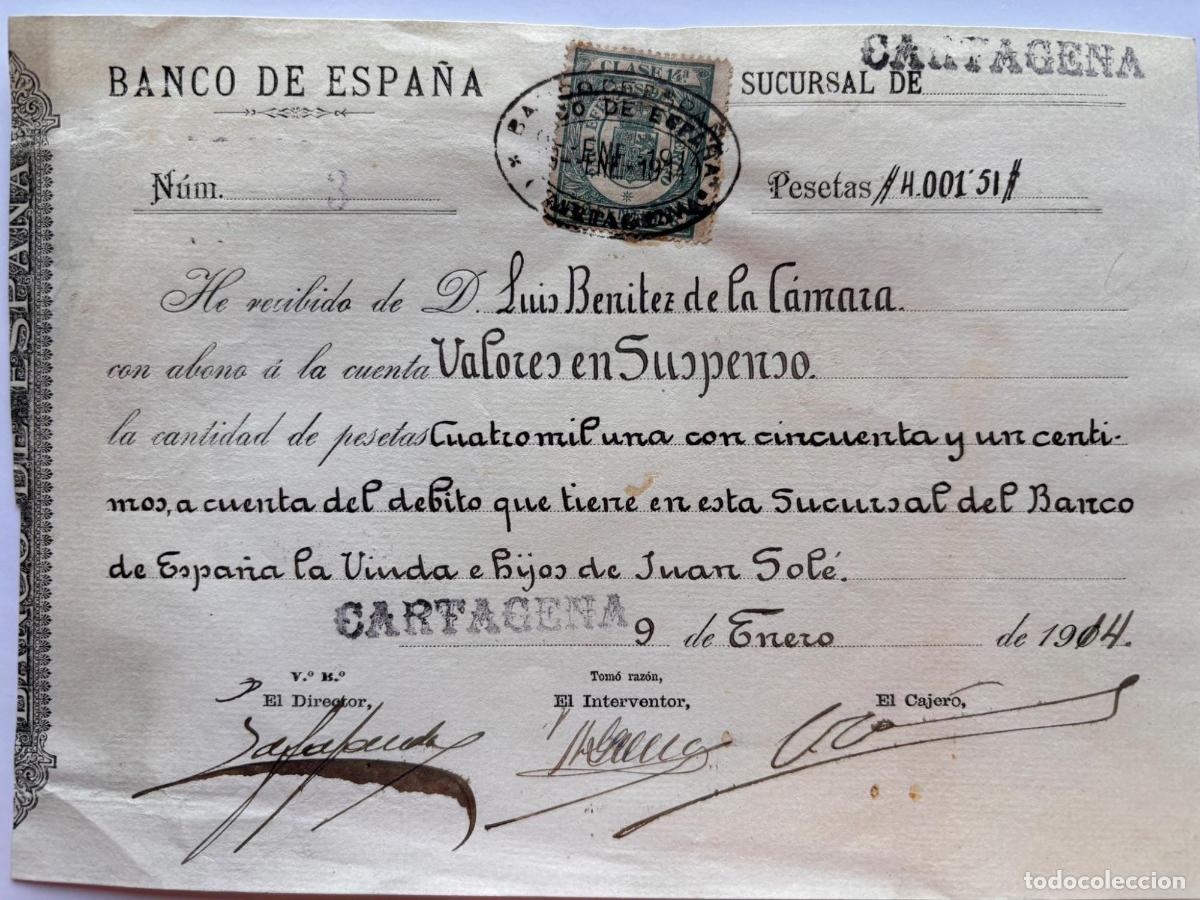 Paper Collecting Others: Recibo del Banco de Espa&ntilde;a. valores en suspenso [Cartajena] -