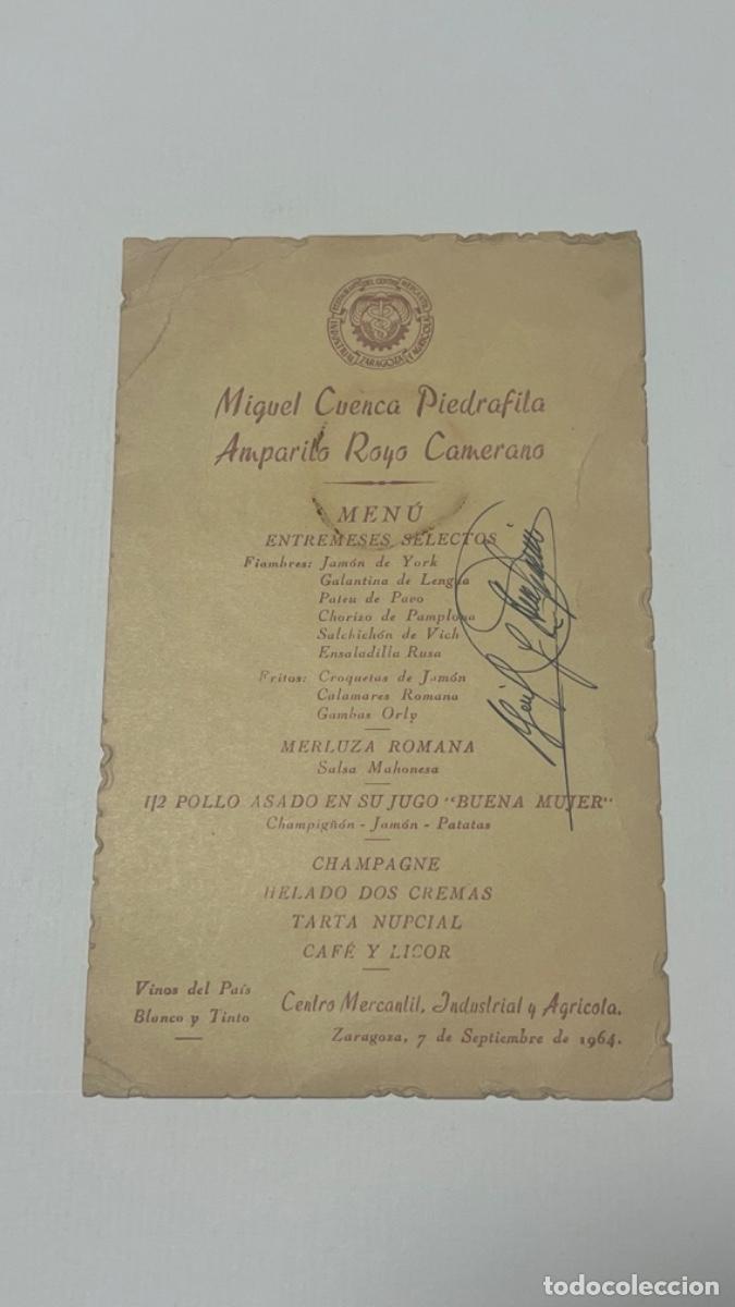 Otros art&iacute;culos de coleccionismo en papel: Tarjeta men&uacute; enlace boda restaurante CASINO MERCANTIL ZARAGOZA 1964