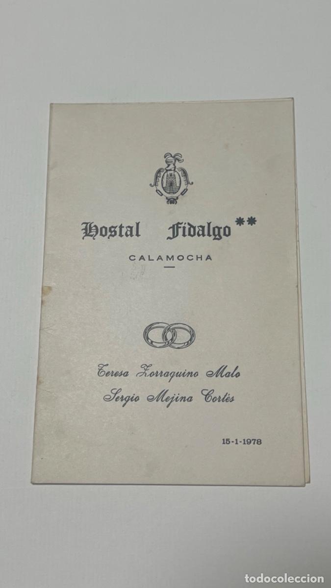 Otros art&iacute;culos de coleccionismo en papel: Tarjeta men&uacute; enlace boda restaurante HOSTAL FIDALGO CALAMOCHA 1978
