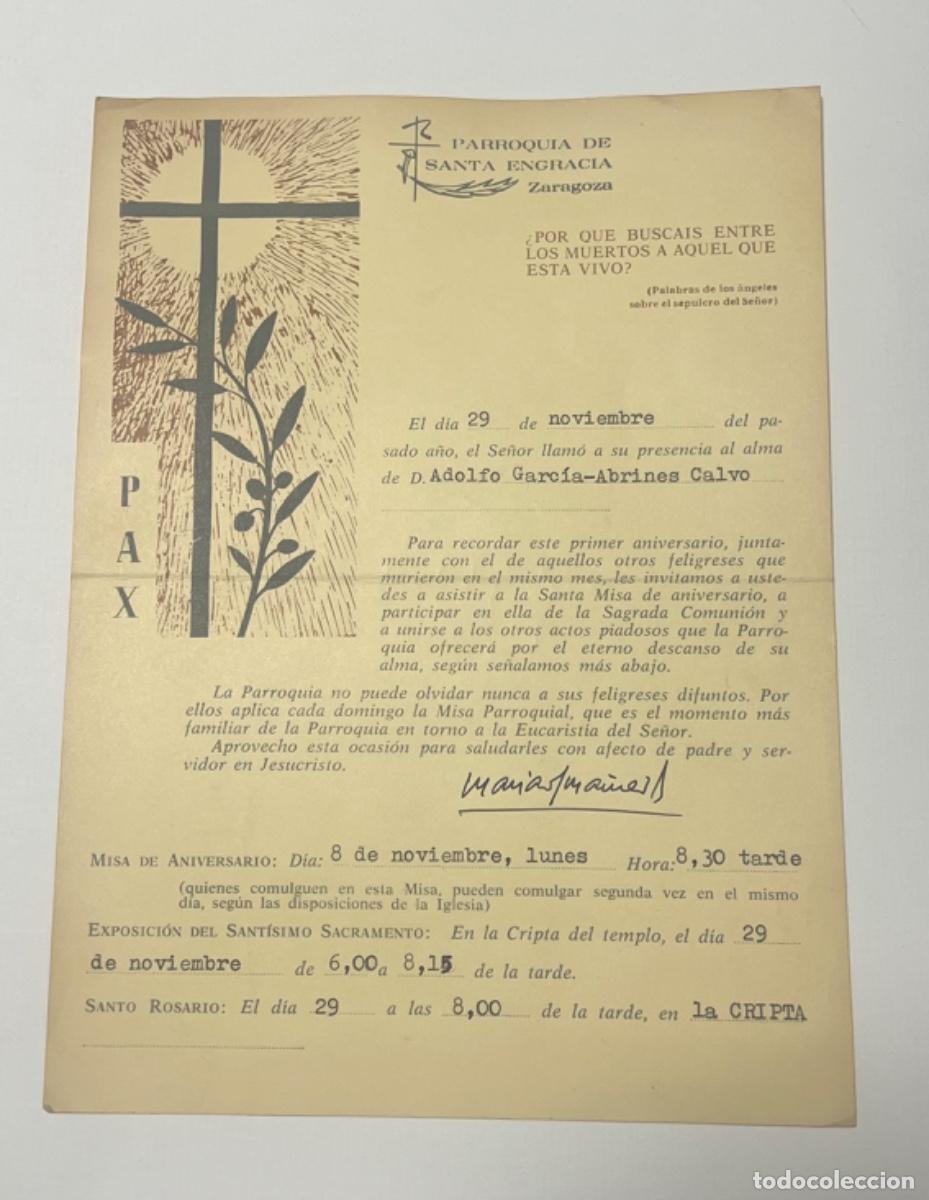 Otros art&iacute;culos de coleccionismo en papel: Tarjeta recordatorio de fallecimiento primer a&ntilde;o SANTA ENGRACIA ZARAGOZA