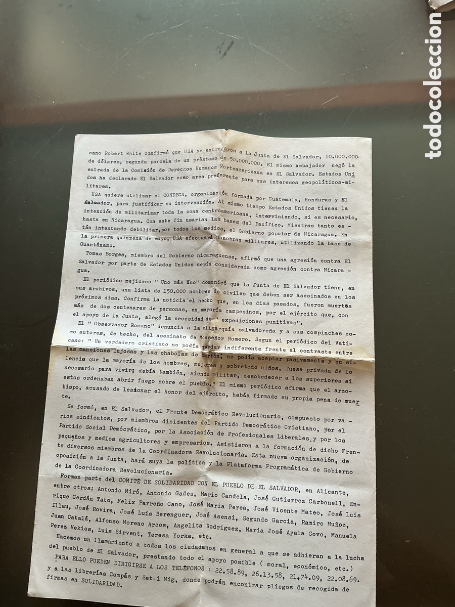 Otros art&iacute;culos de coleccionismo en papel: Folleto original 1980 &ndash; En apoyo a la lucha del pueblo de El Salvador