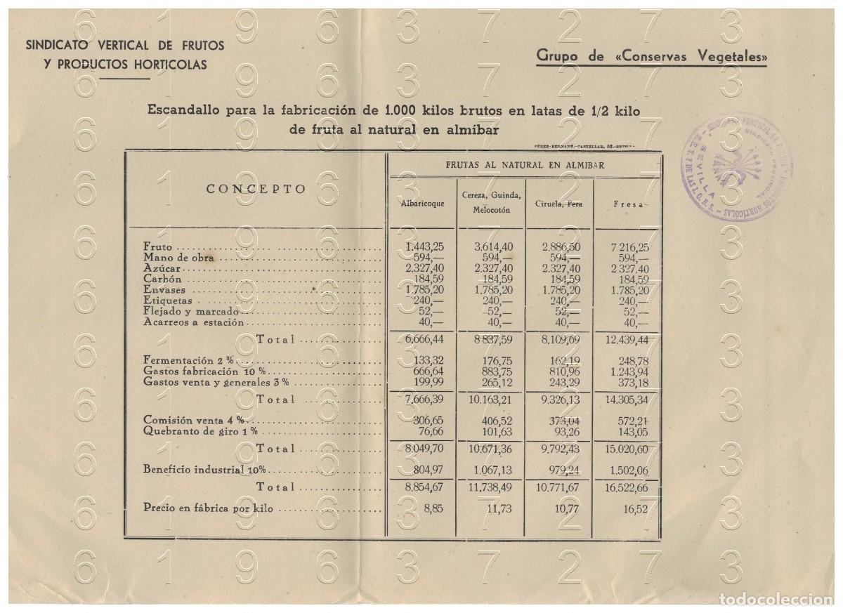Otros art&iacute;culos de coleccionismo en papel: SEVILLA SINDICATO VERTICAL DE FRUTOS Y PRODUCTOS HORTICOLAS CONSERVAS VEGETALES 1 HOJA C12