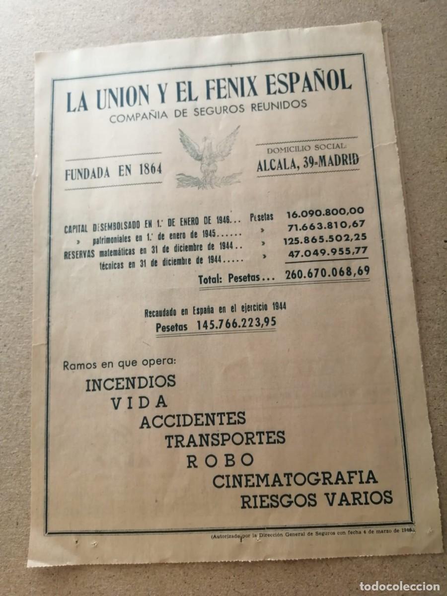 Collectionnisme Papier divers: ANUNCIO. LA UNION Y EL FENIX ESPA&Ntilde;OL COMPA&Ntilde;IA DE SEGUROS REUNIDOS