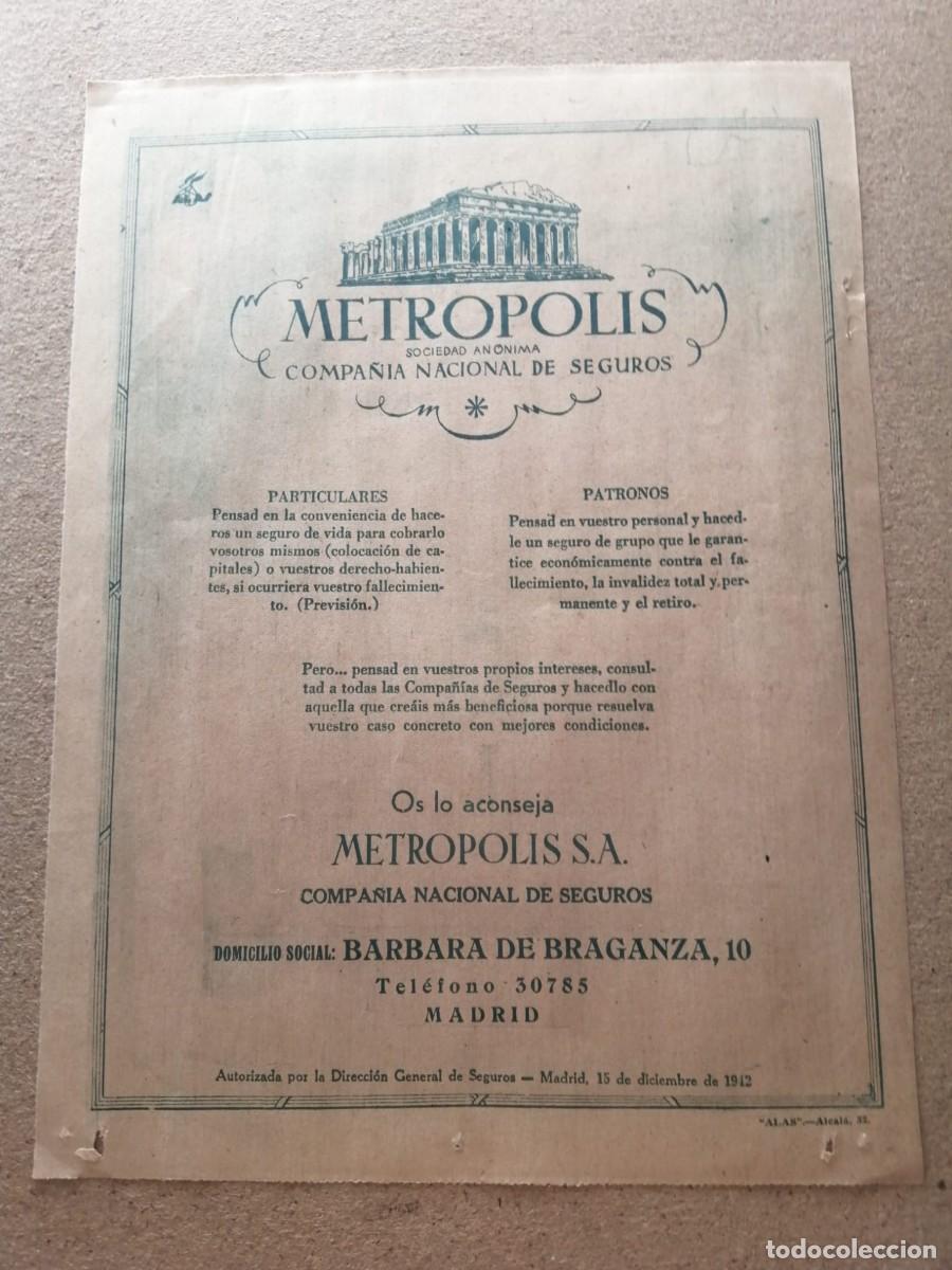 Otros art&iacute;culos de coleccionismo en papel: ANUNCIO. METROPOLIS, COMPA&Ntilde;IA NACIONAL DE SEGUROS