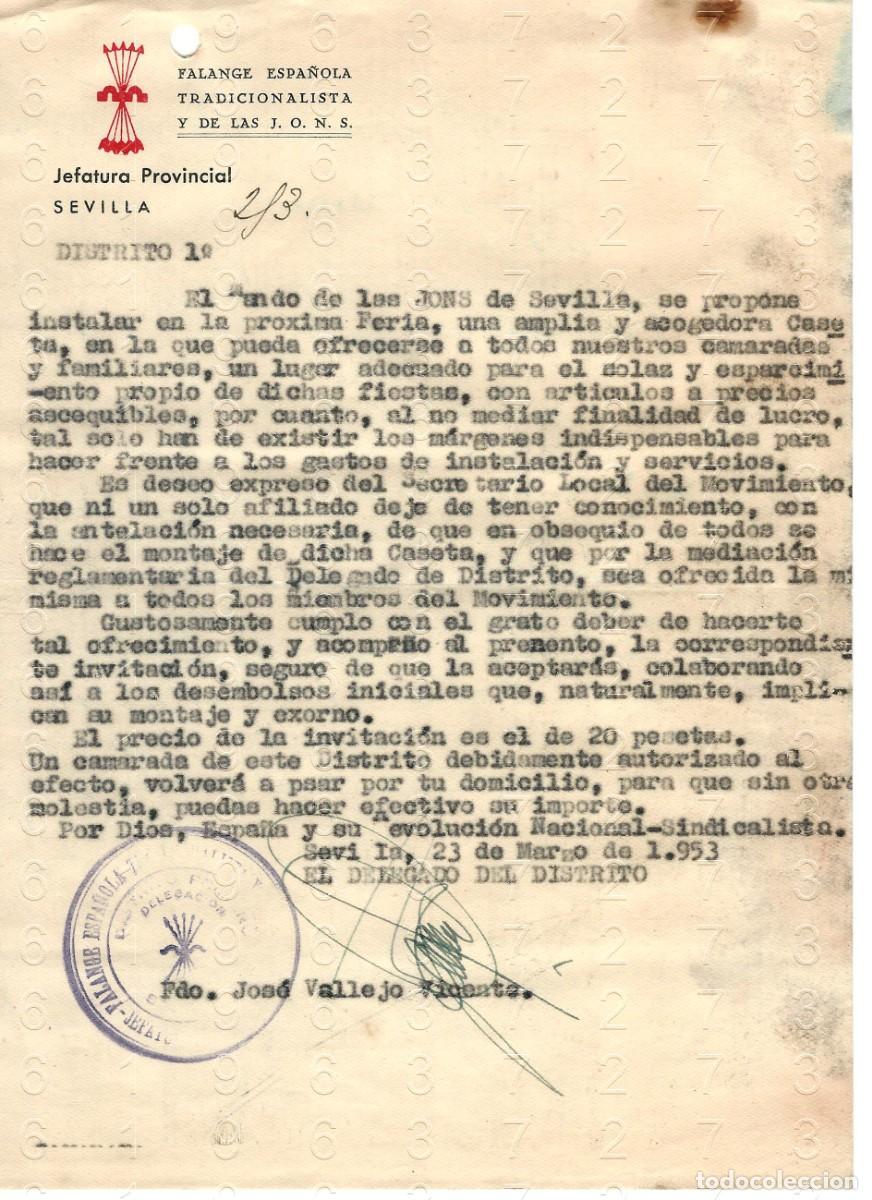 Otros art&iacute;culos de coleccionismo en papel: SEVILLA FALANGE JOSE VALLEJO VICENTE 1953 CARTA M45