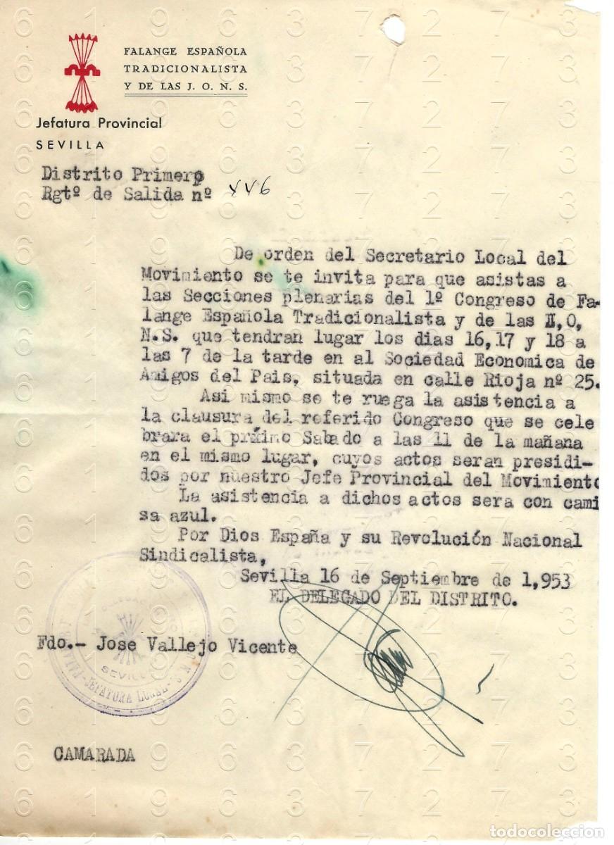 Otros art&iacute;culos de coleccionismo en papel: SEVILLA FALANGE JOSE VALLEJO VICENTE 1953 CARTA M45
