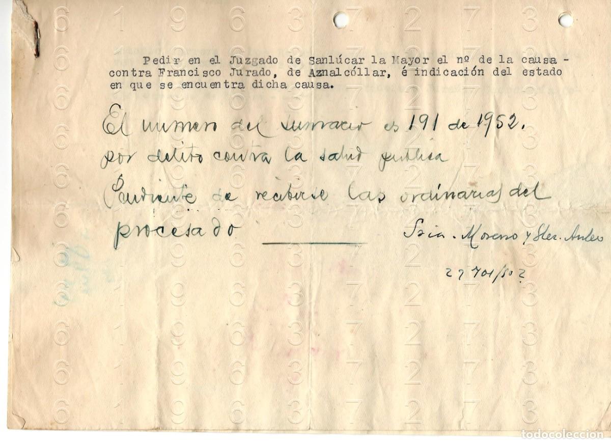 Otros art&iacute;culos de coleccionismo en papel: AZNALCOLLAR DELITO CONTRA LA SALUD PUBLICA 1952 2 HOJAS CARTA M45