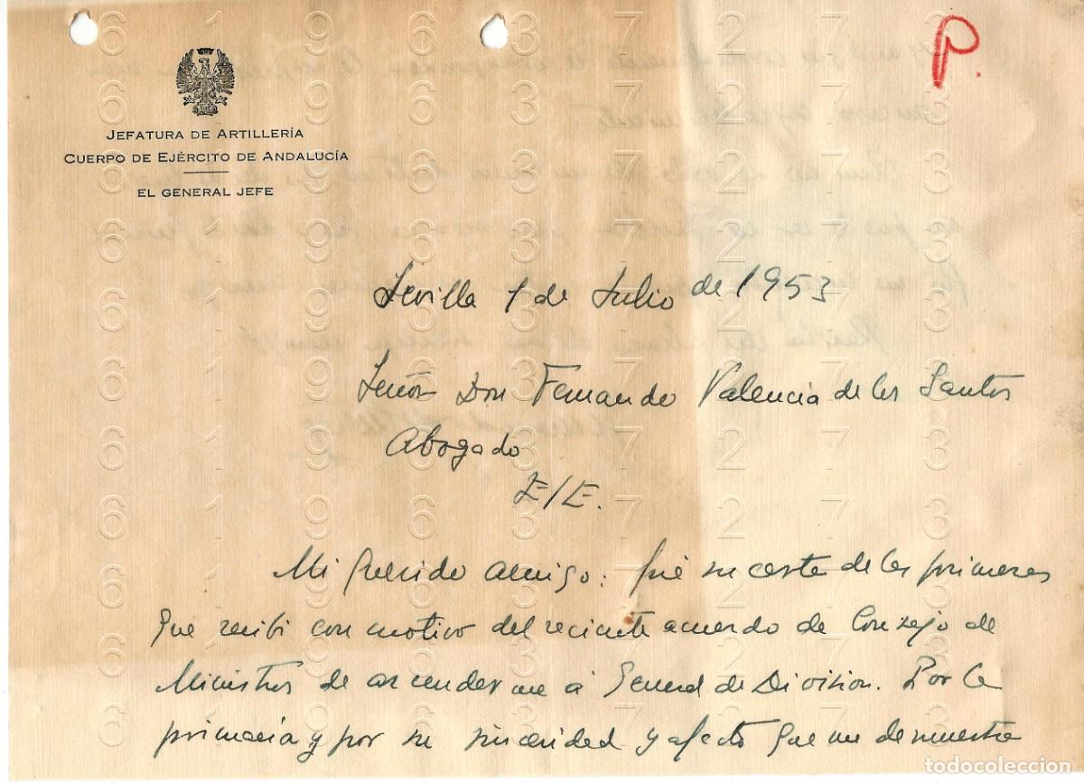 Otros art&iacute;culos de coleccionismo en papel: SEVILLA GENERAL DE ARTILLERIA FERNANDO 1953 CARTA M45