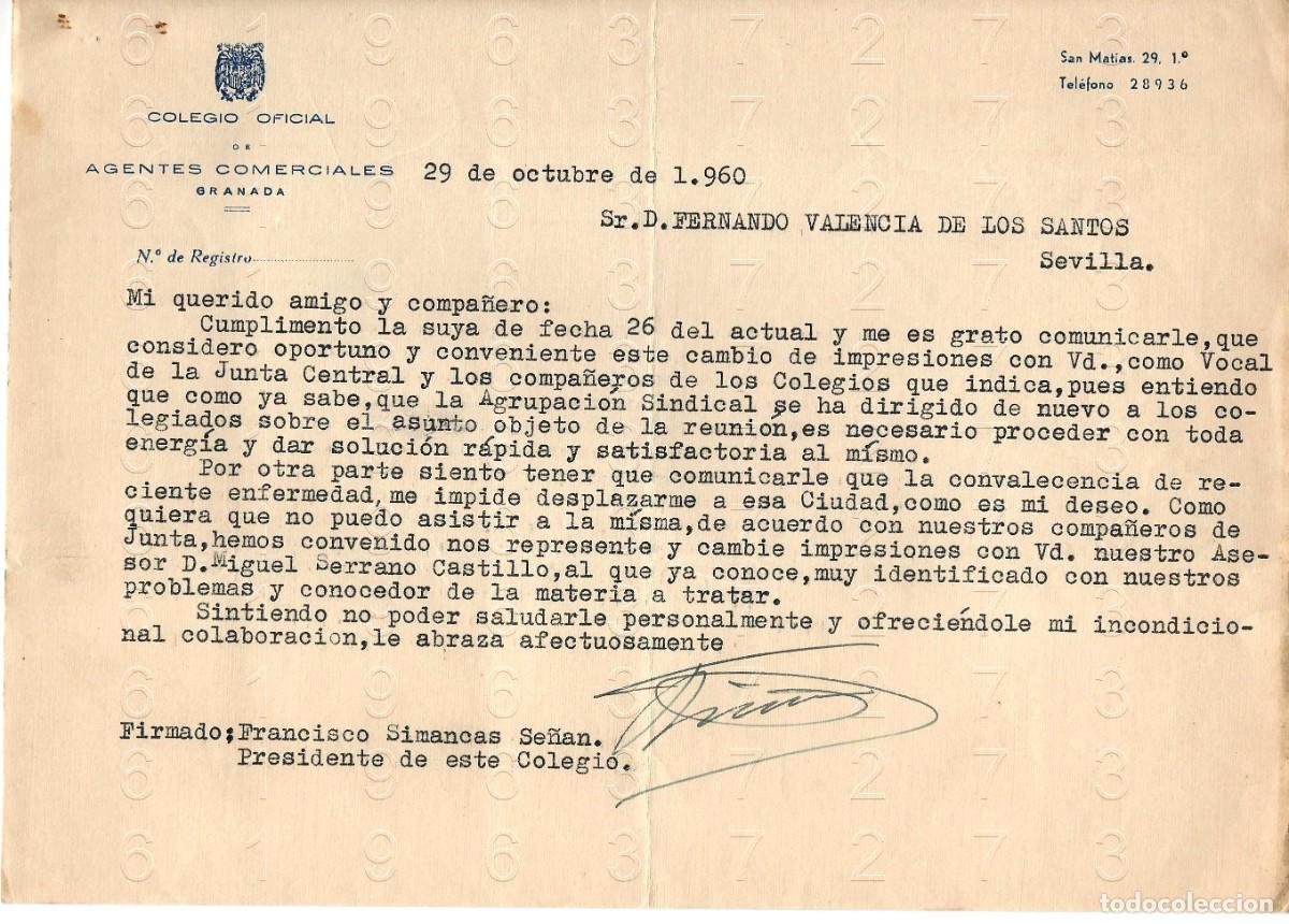Otros art&iacute;culos de coleccionismo en papel: GRANADA FRANCISCO SIMANCAS SE&Ntilde;AN 1960 CARTA M45