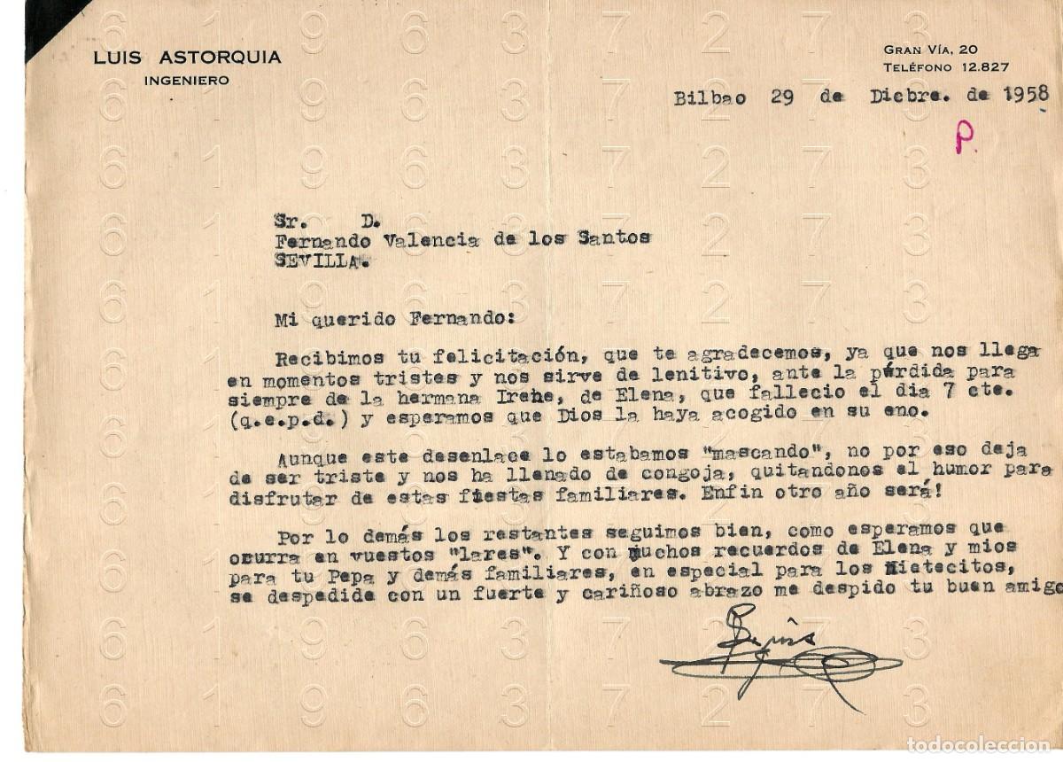 Otros art&iacute;culos de coleccionismo en papel: BILBAO LUIS ASTORQUIA LANDABURU 1958 CARTA M45