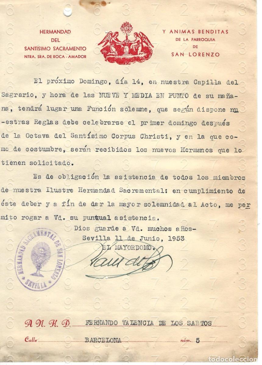 Otros art&iacute;culos de coleccionismo en papel: SEVILLA HERMANDAD DE ROCA AMADOR 1953 CARTA M45