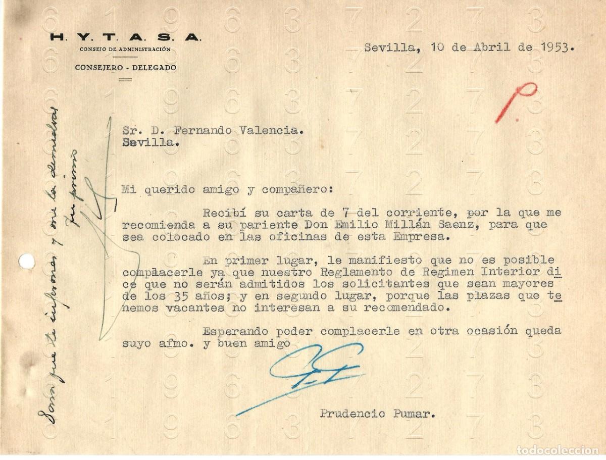 Otros art&iacute;culos de coleccionismo en papel: SEVILLA HYTASA PRUDENCIO PUMAR 1953 CARTA M45