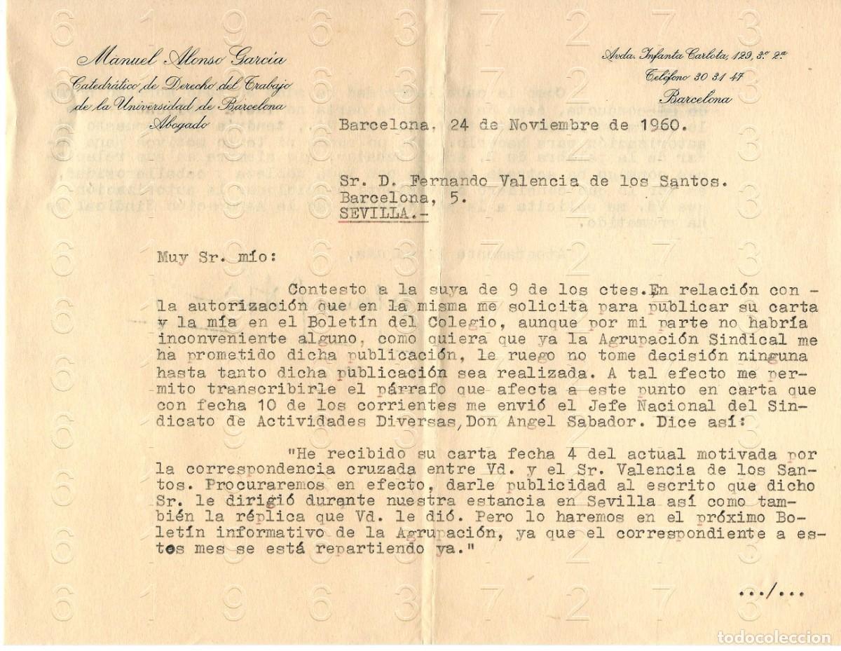 Otros art&iacute;culos de coleccionismo en papel: BARCELONA MANUEL ALONSO GARCIA 1960 CARTA M46