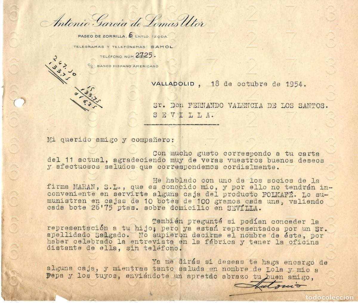 Otros art&iacute;culos de coleccionismo en papel: VALLADOLID ANTONIO GARCIA DE LOMAS UTOR 1954 CARTA M46