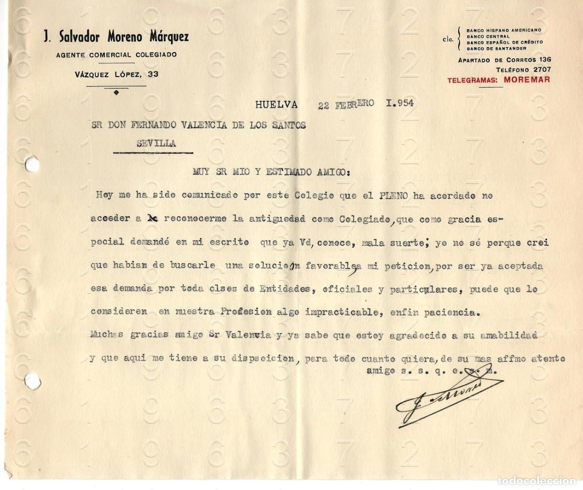Otros art&iacute;culos de coleccionismo en papel: HUELVA SALVADOR MORENO MARQUEZ 1954 CARTA M46