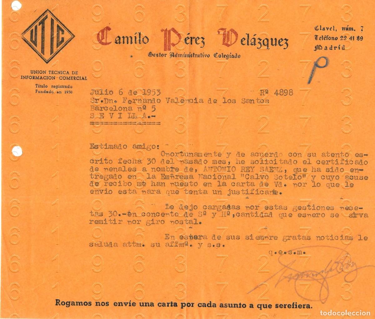 Otros art&iacute;culos de coleccionismo en papel: MADRID CAMILO PEREZ MARQUEZ 1953 CARTA M46