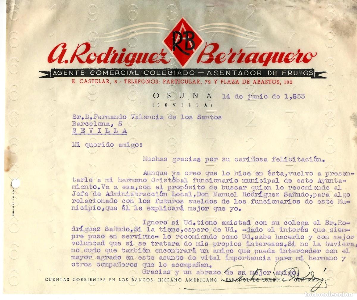 Otros art&iacute;culos de coleccionismo en papel: OSUNA ANTONIO RODRIGUEZ BERRAQUERO 1953 CARTA M46