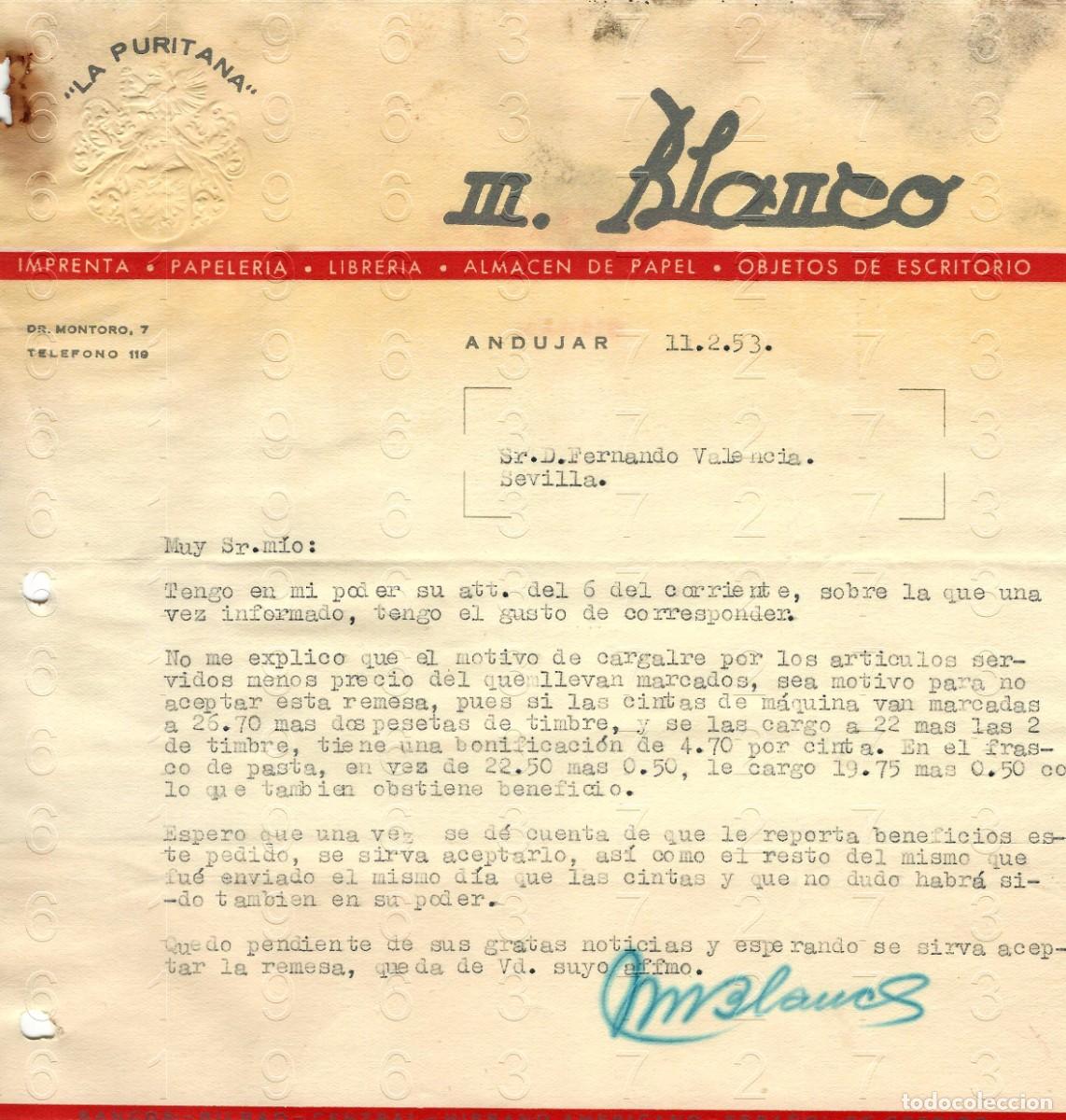 Otros art&iacute;culos de coleccionismo en papel: ANDUJAR JAEN IMPRENTA LA PURITANA M BLANCO 1953 CARTA M46