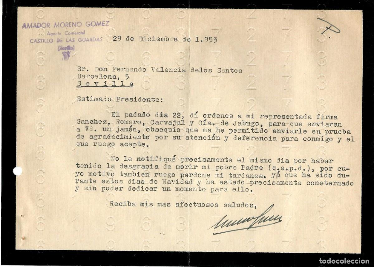 Otros art&iacute;culos de coleccionismo en papel: CASTILLO DE LAS GUARDAS SEVILLA AMADOR MORENO GOMEZ 1953 CARTA M47