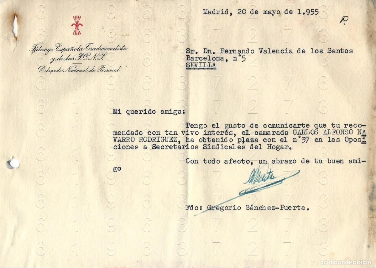 Otros art&iacute;culos de coleccionismo en papel: FALANGE MADRID GREGORIO SANCHEZ PUERTA 1955 CARTA DE M47