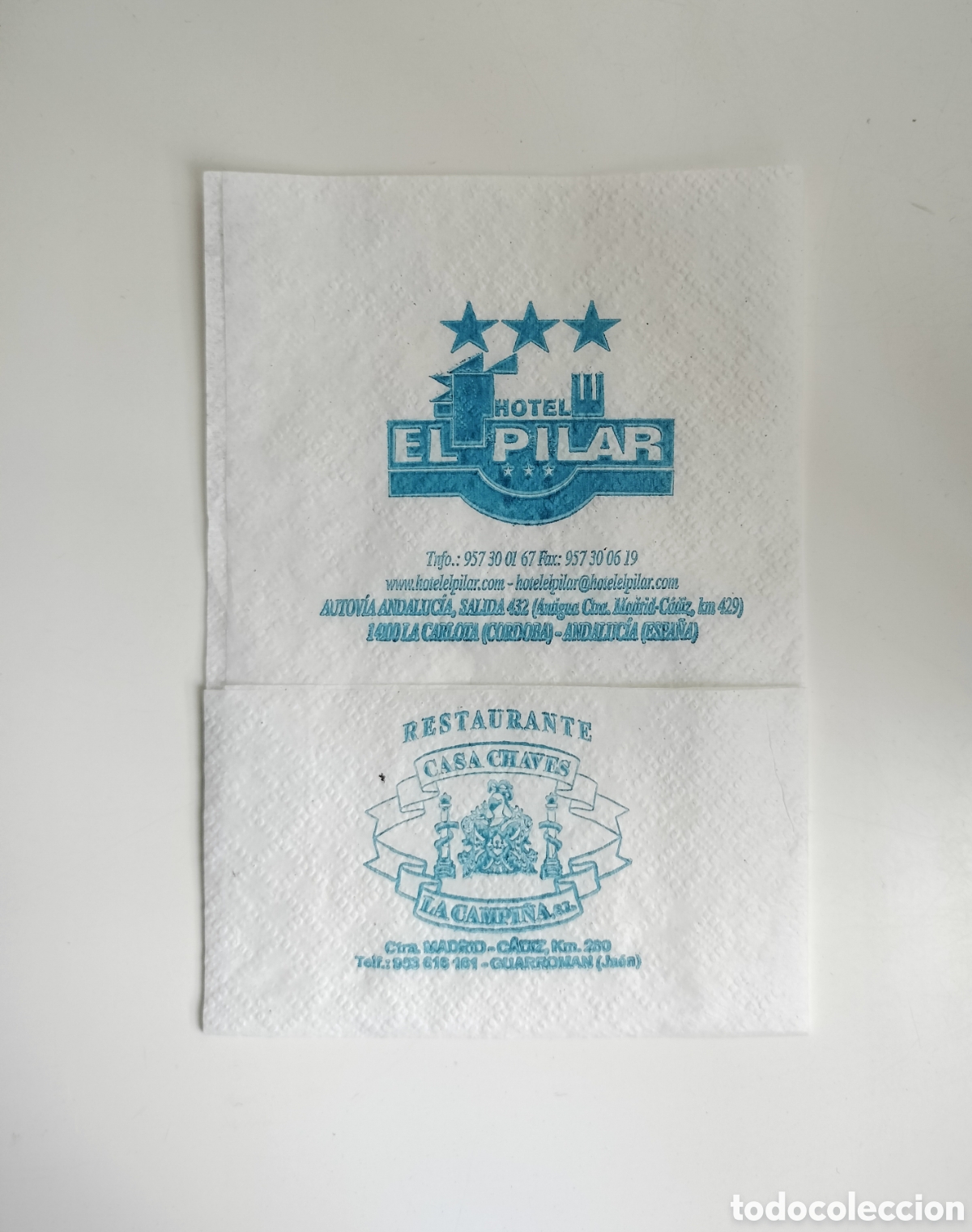 Collectionnisme Papier divers: SERVILLETA DE PAPEL HOTEL EL PILAR LA CARLOTA C&Oacute;RDOBA RESTAURANTE CASA CHAVES GUARROMAN