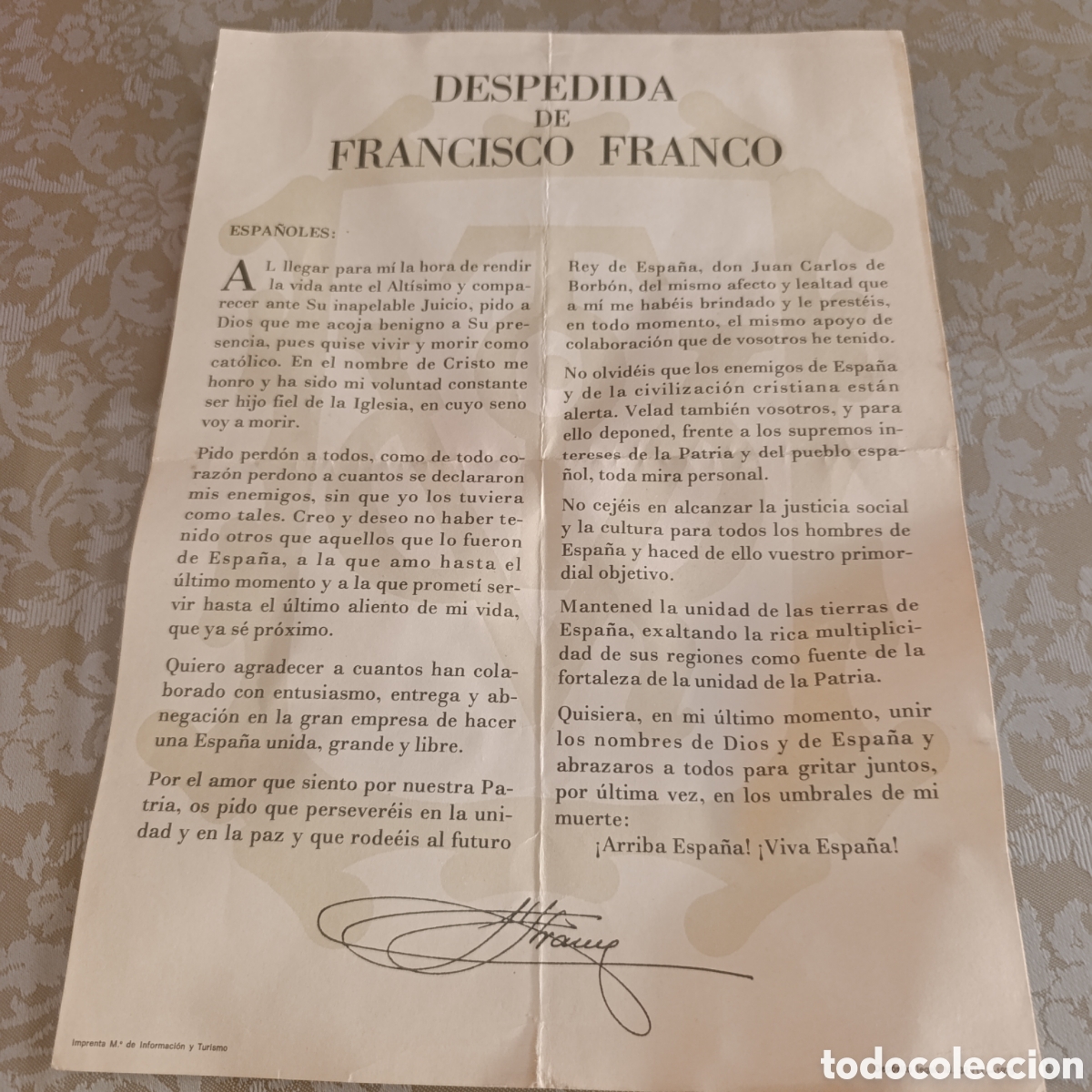 Otros art&iacute;culos de coleccionismo en papel: &rdquo;Testamento del Caudillo&rdquo; o la carta de despedida de Francisco Franco dirigida a los espa&ntilde;oles, 1975