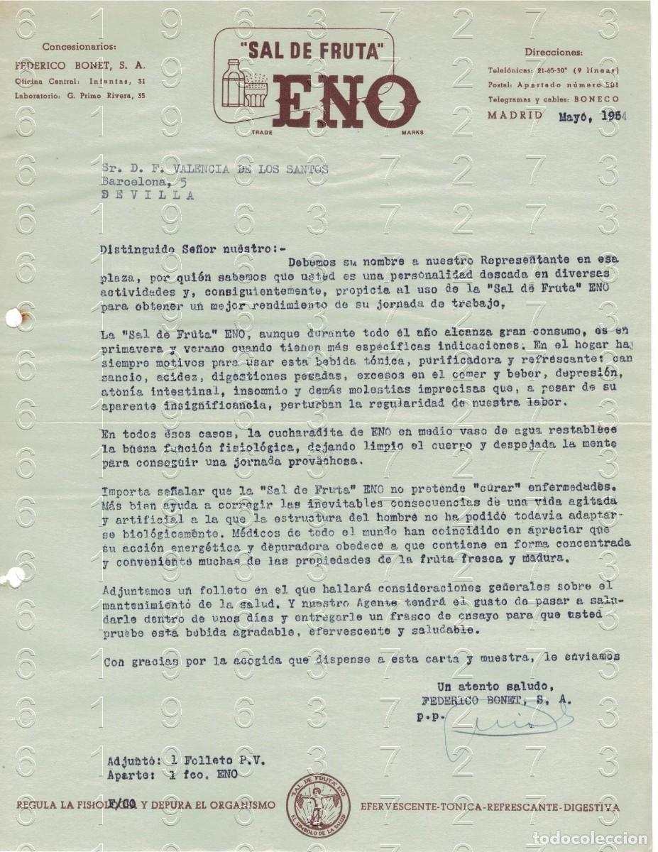 Otros art&iacute;culos de coleccionismo en papel: FEDERICO BONET SAL DE FRUTA ENO CARTA 1954 M48