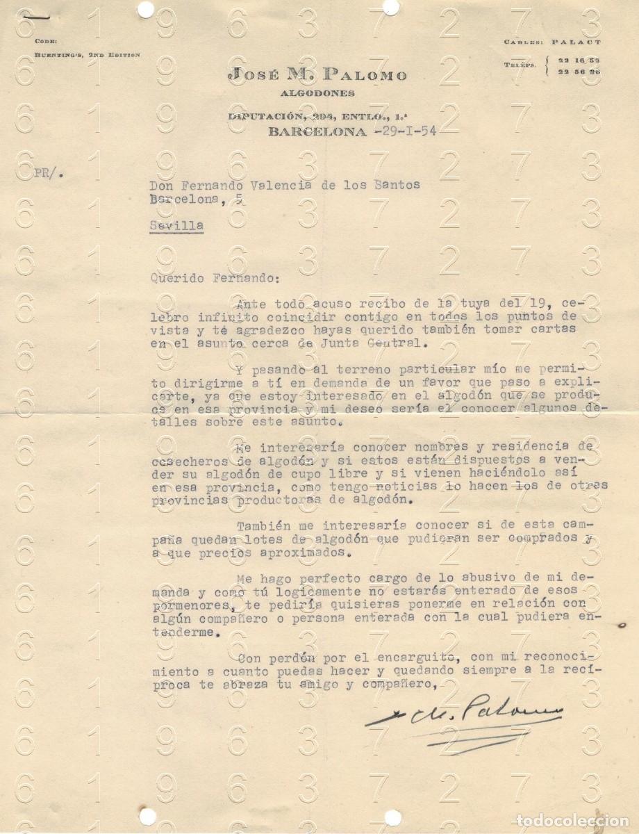Otros art&iacute;culos de coleccionismo en papel: BARCELONA JOSE MARIA PALOMO ALGODONES CARTA 1954 M48