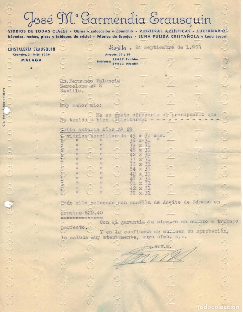 Otros art&iacute;culos de coleccionismo en papel: MALAGA JOSE MARIA GARMENDIA ERAUSQUIN VIDRIOS CARTA 1953 M48