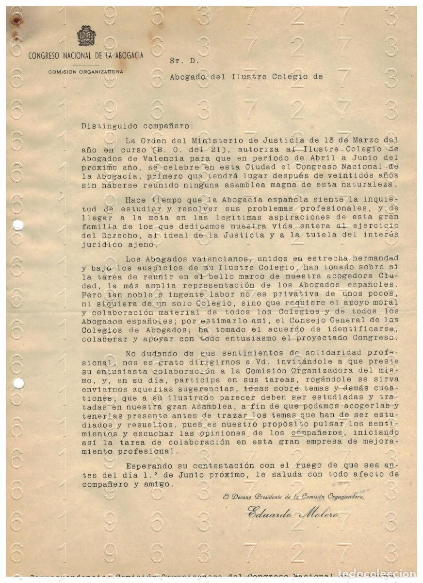 Otros art&iacute;culos de coleccionismo en papel: VALENCIA EDUARDO MOLERO CONGRESO ABOGACIA CARTA 1953 M48