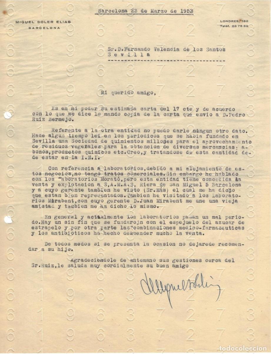 Otros art&iacute;culos de coleccionismo en papel: BARCELONA MIGUEL SOLER ELIAS CARTA 1953 M48
