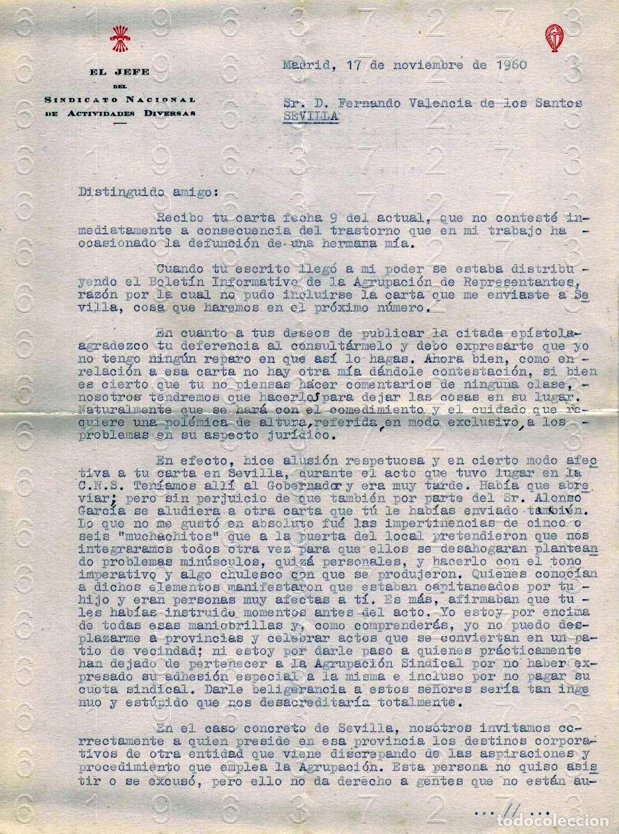 Otros art&iacute;culos de coleccionismo en papel: SEVILLA ANGEL SABADOR ROLDAN SINDICATO VERTICAL CARTA 1960 M48