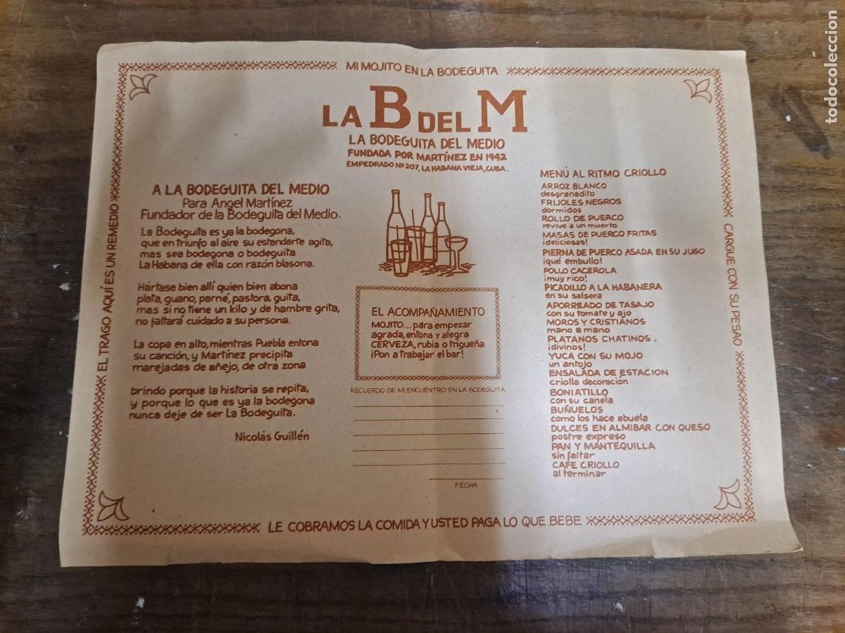 Otros art&iacute;culos de coleccionismo en papel: Salva mantel papel La B del M. La Bodeguita del Medio / La Habana vieja / Cuba / Nicol&aacute;s Guill&eacute;n