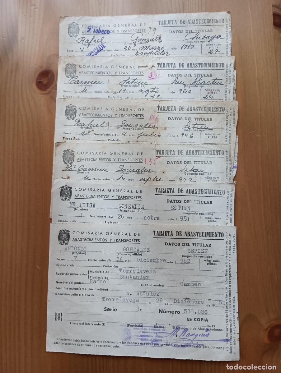 Otros art&iacute;culos de coleccionismo en papel: LOTE DE SEIS TARJETAS DE ABASTECIMIENTO 1948-1951-1952