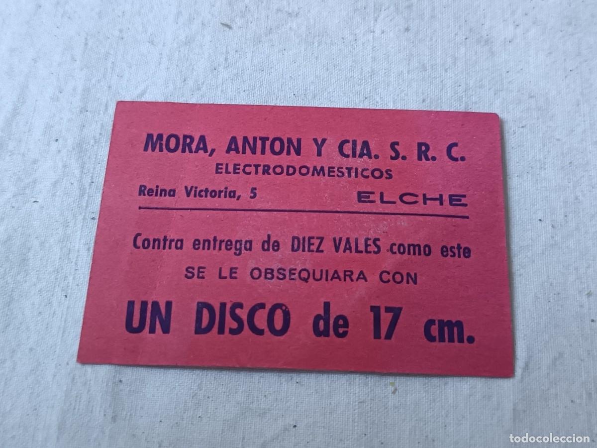 Otros art&iacute;culos de coleccionismo en papel: Publicidad en papel, Mora Ant&oacute;n y C&iacute;a, Elche, Vale para un Disco de vinilo