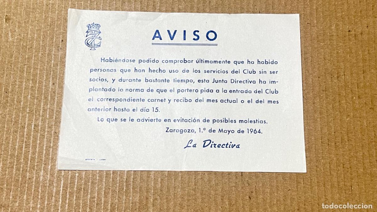 Otros art&iacute;culos de coleccionismo en papel: Aviso CLUB DE TENIS ZARAGOZA morosos sin pago al corriente 1964