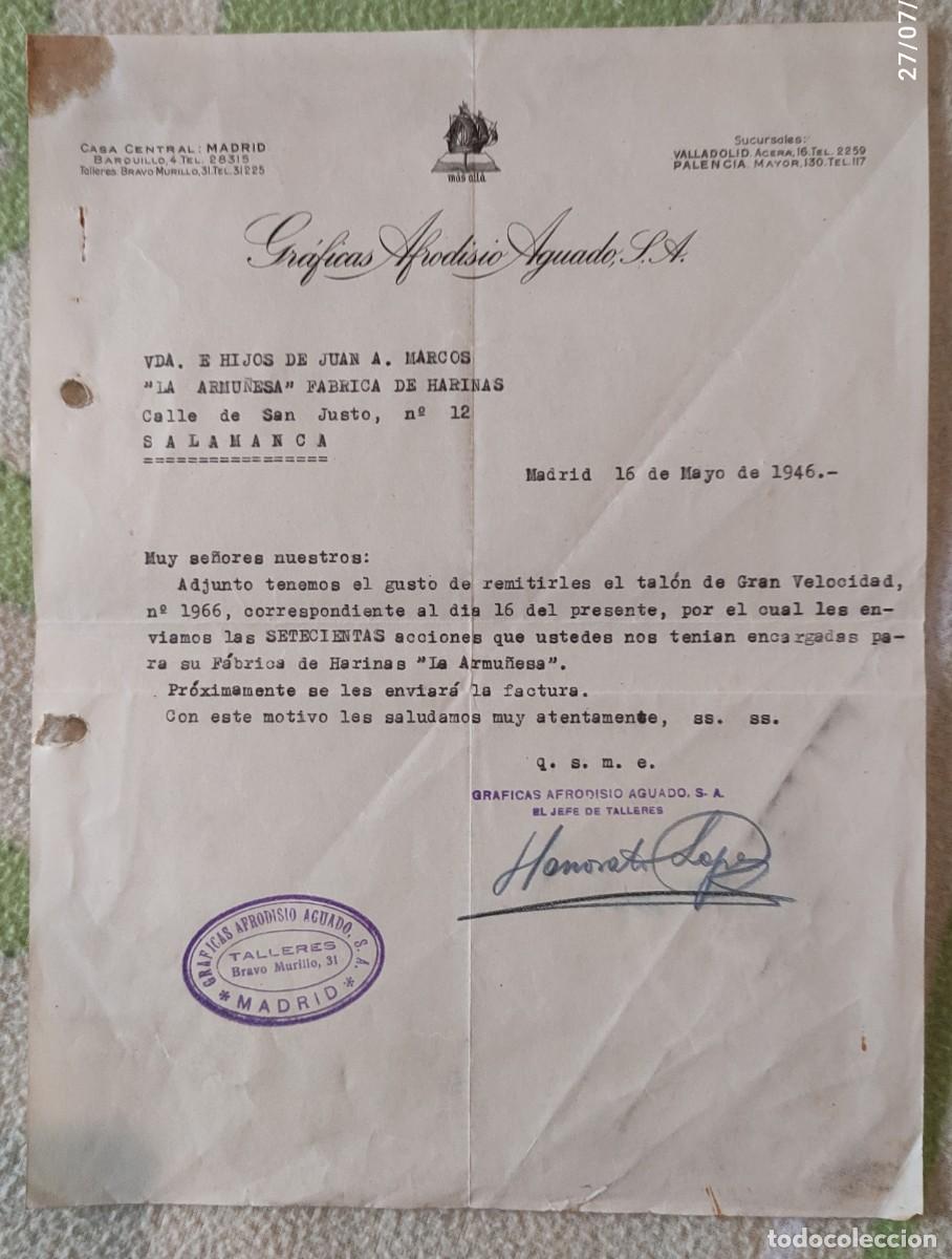 Otros art&iacute;culos de coleccionismo en papel: CARTA A&Ntilde;O 1946 - GR&Aacute;FICAS AFRODISIO AGUADO, S.A. (MADRID) - FABRICA DE HARINAS.