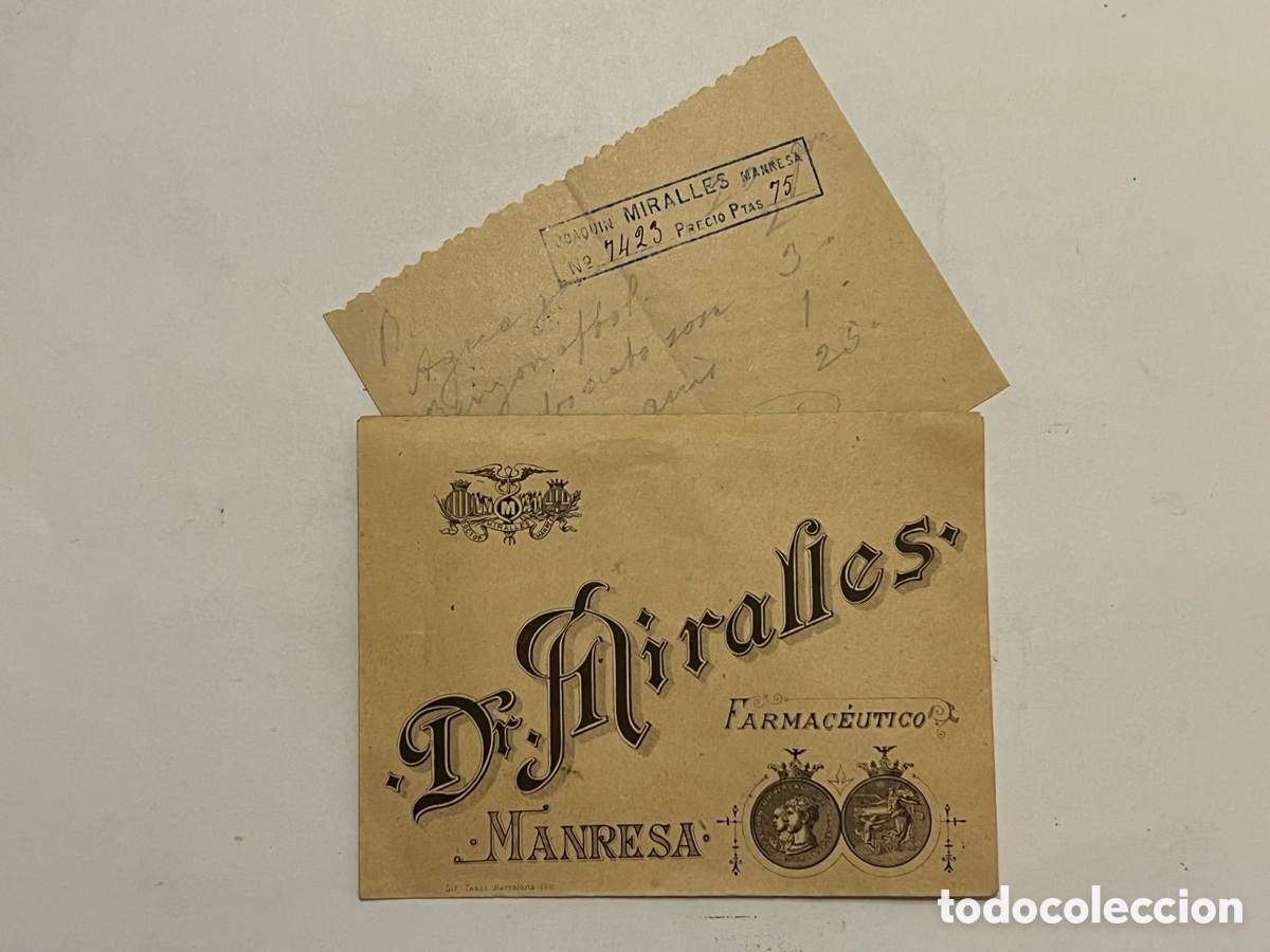 Otros art&iacute;culos de coleccionismo en papel: MANRESA (Barcelona) Dr. Miralles, farmac&eacute;utico. Receta y Sobre Farmacia.. (h.1900?)