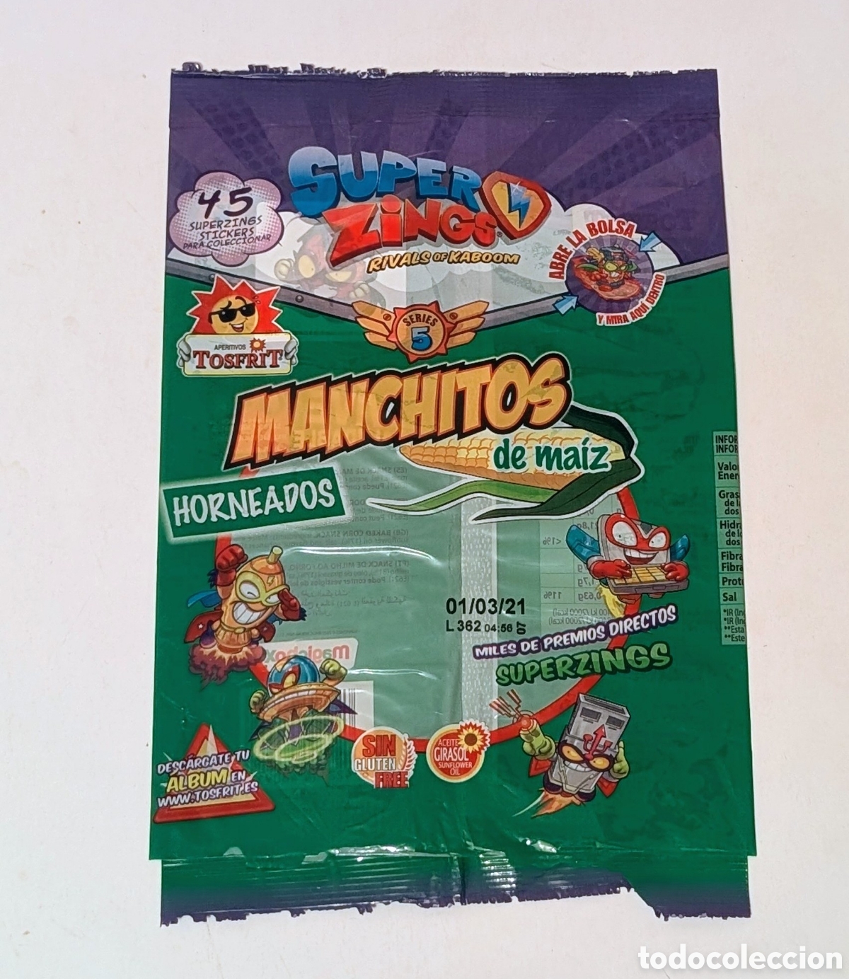 Otros art&iacute;culos de coleccionismo en papel: Envoltorio vac&iacute;o bolsa patatas SuperZings. Tosfrit. Manchitos
