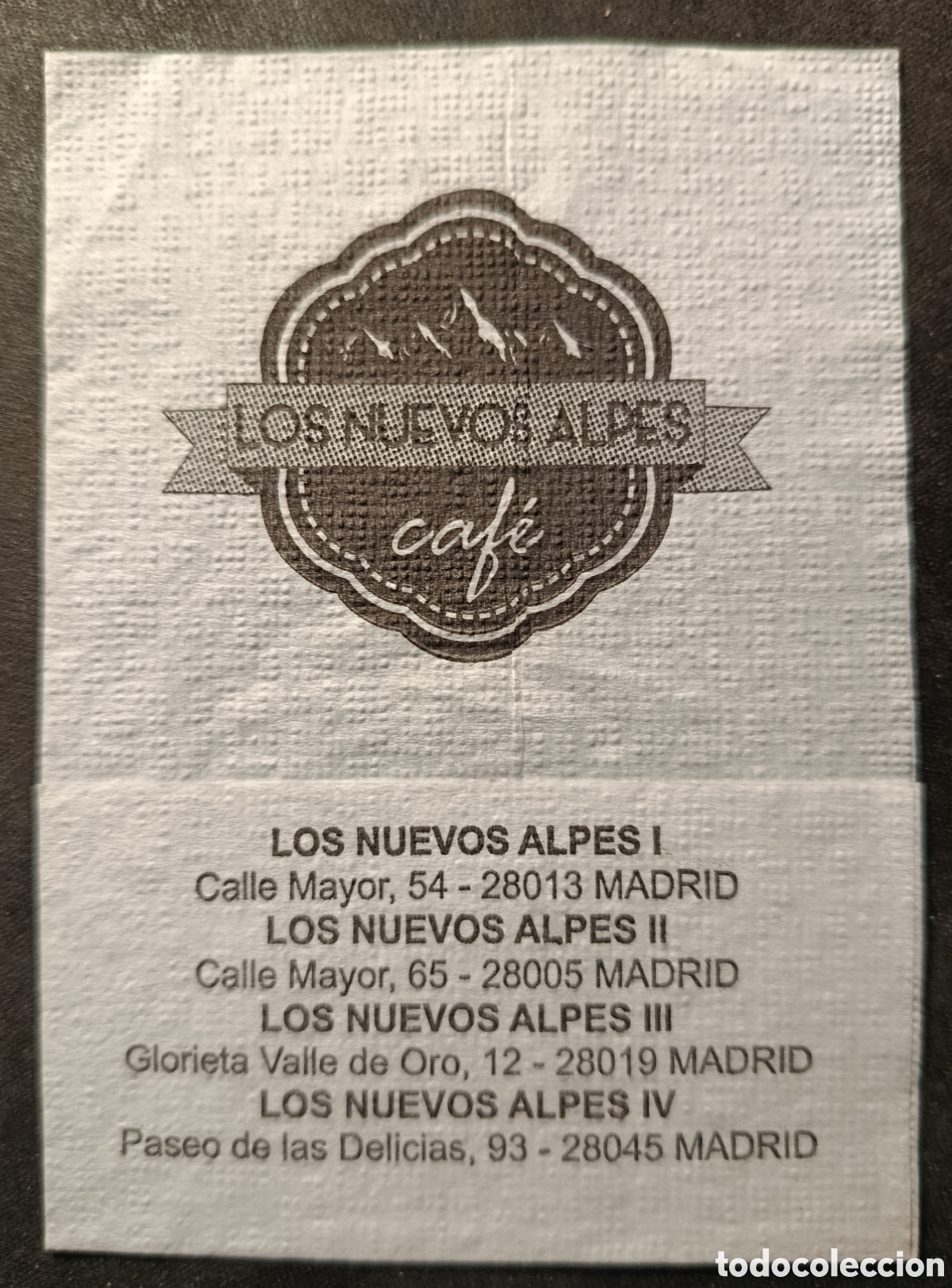 Otros art&iacute;culos de coleccionismo en papel: SERVILLETA DE PAPEL LOS NUEVOS ALPES/MADRID