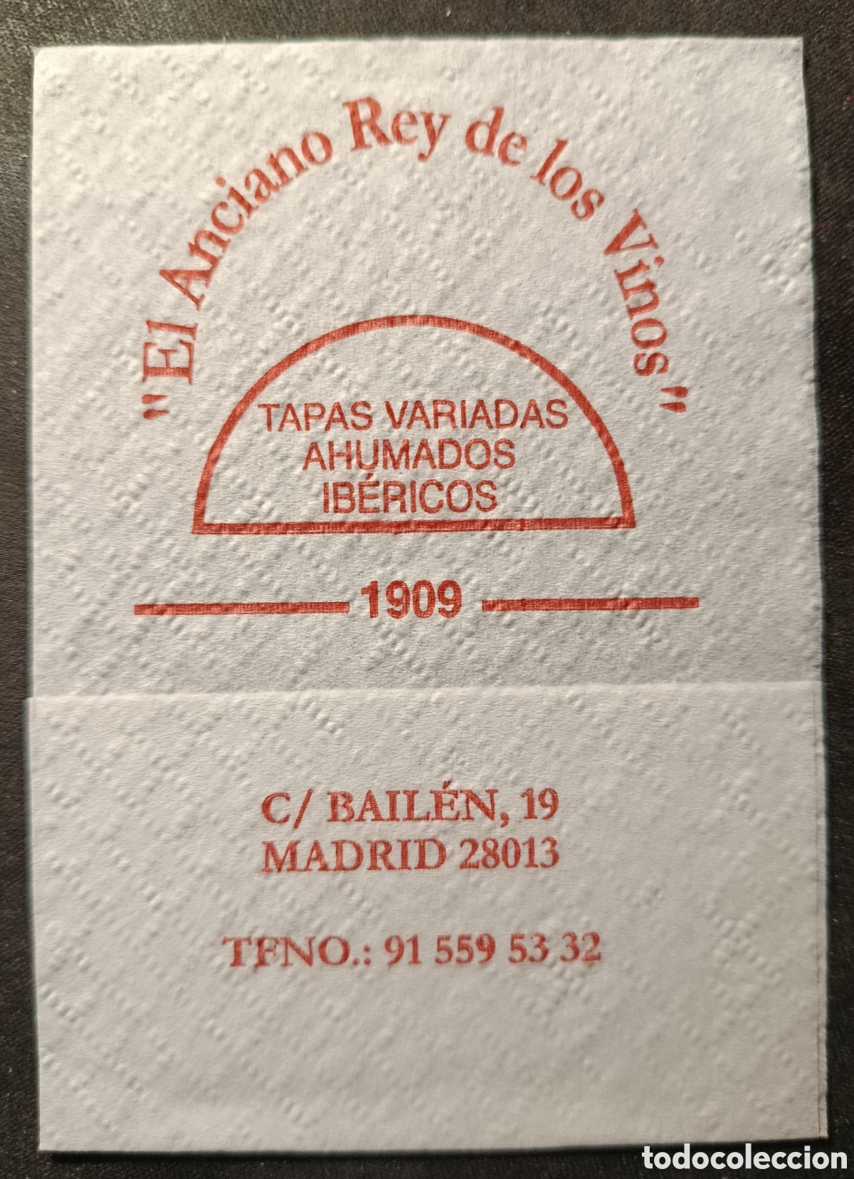 Otros art&iacute;culos de coleccionismo en papel: SERVILLETA DE PAPEL EL ANCIANO REY DE LOS VINOS/MADRID