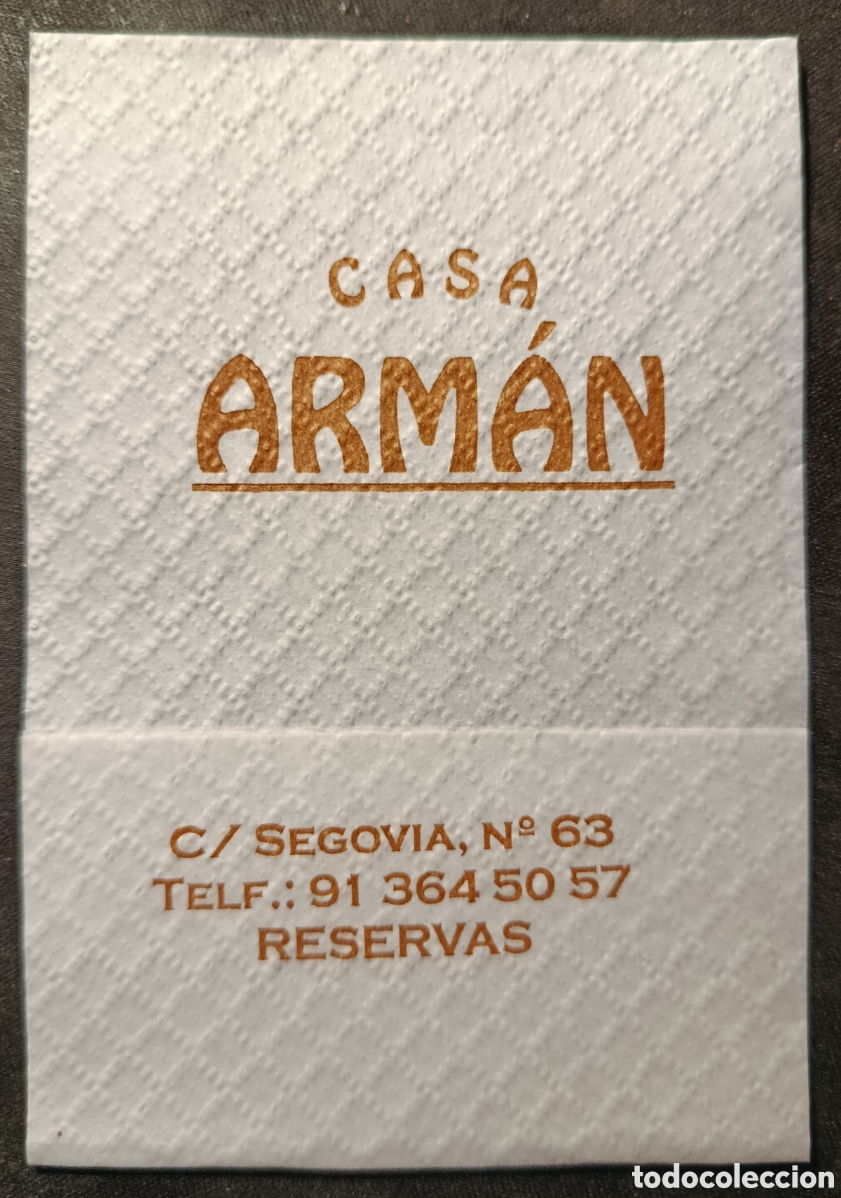 Otros art&iacute;culos de coleccionismo en papel: SERVILLETA DE PAPEL CASA ARM&Aacute;N/MADRID