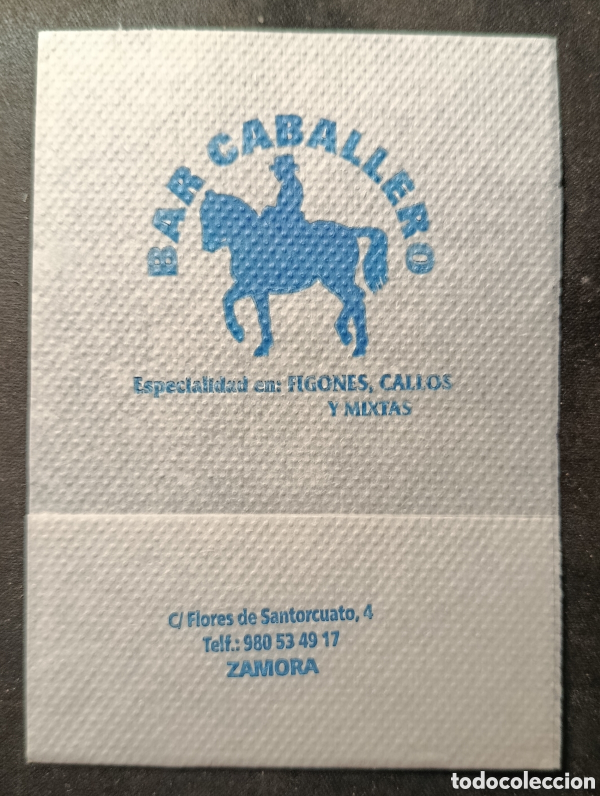 Otros art&iacute;culos de coleccionismo en papel: SERVILLETA DE PAPEL BAR CABALLERO/ZAMORA