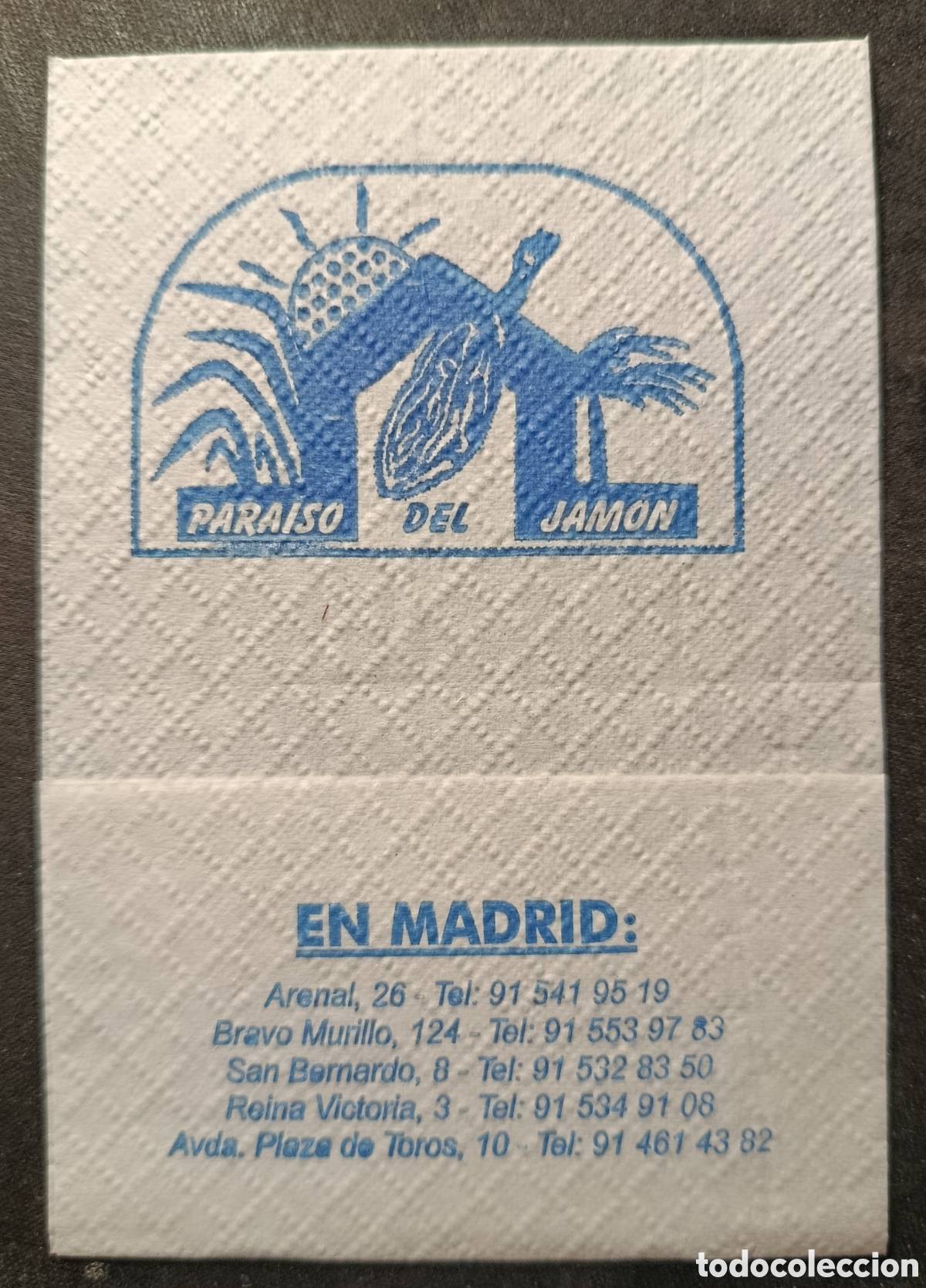 Otros art&iacute;culos de coleccionismo en papel: SERVILLETA DE PAPEL PARA&Iacute;SO DEL JAM&Oacute;N/MADRID