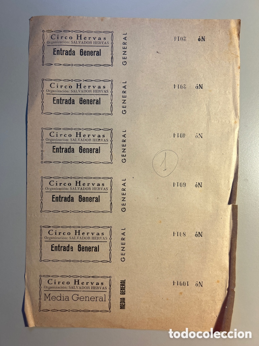 Otros art&iacute;culos de coleccionismo en papel: 6 entradas Circo Hervas &ndash; Santander &ndash; Valencia &ndash; A&ntilde;os 1940
