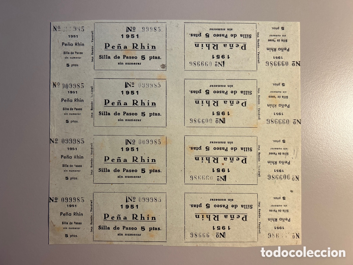 Otros art&iacute;culos de coleccionismo en papel: 8 entradas Pe&ntilde;a Rhin &ndash; Silla paseo sin numerar &ndash; A&ntilde;o 1951