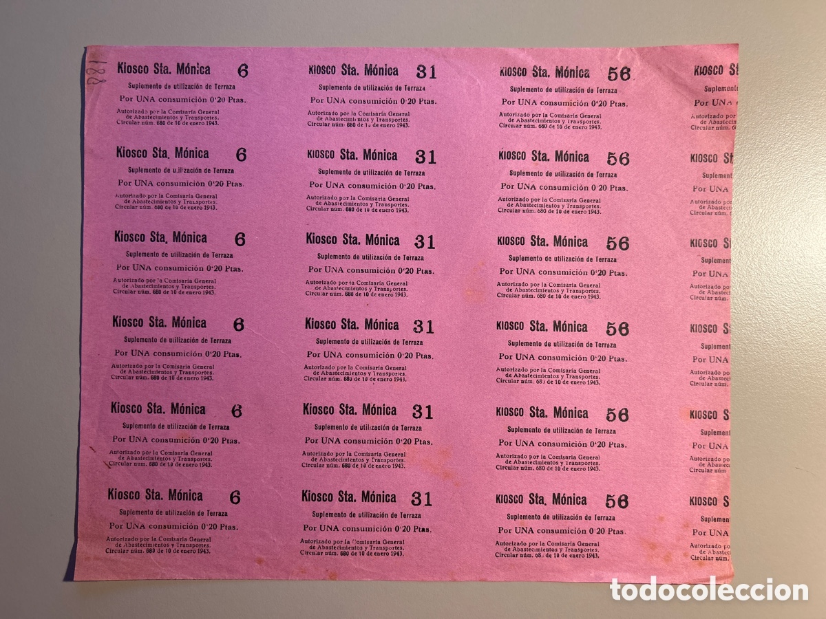Otros art&iacute;culos de coleccionismo en papel: 18 tickets suplemento terraza KIOSKO Santa M&oacute;nica &ndash; Barcelona &ndash; 1943