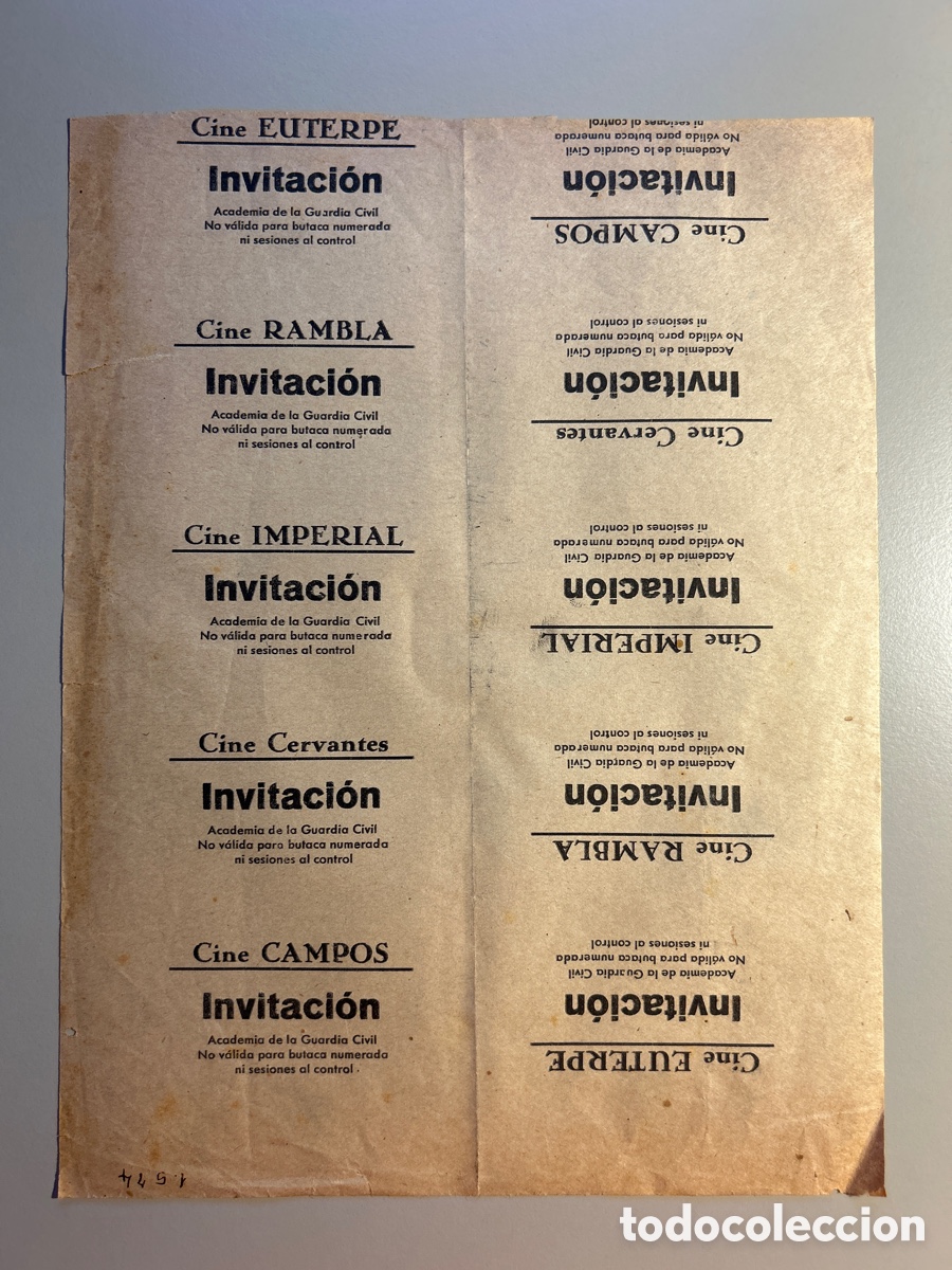 Otros art&iacute;culos de coleccionismo en papel: 10 entradas cine Academia Guardia Civil &ndash; Euterpe , Rambla , Imperial , Cervantes , Campos Barcelona