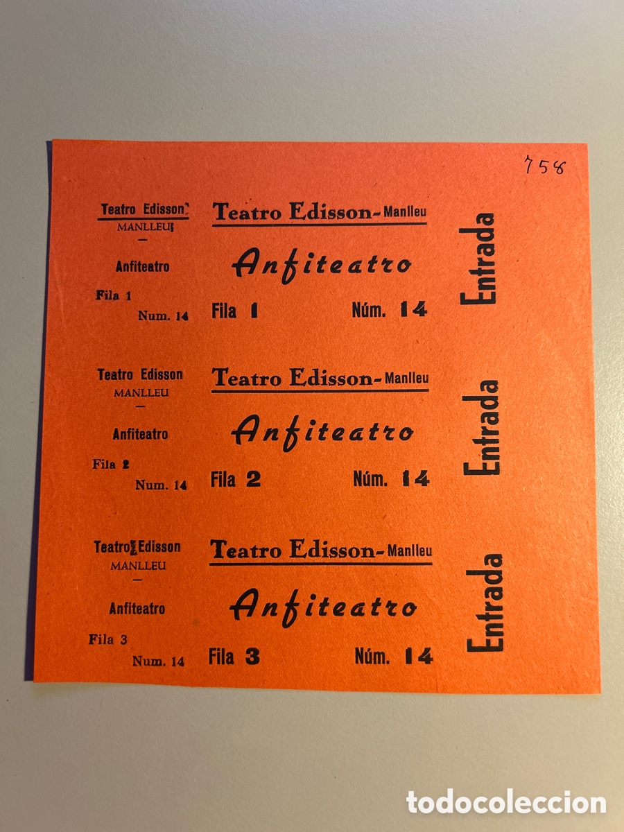Otros art&iacute;culos de coleccionismo en papel: 3 entrades Teatre Edisson &ndash; Manlleu &ndash; Catalunya &ndash; Anys 1940 1950